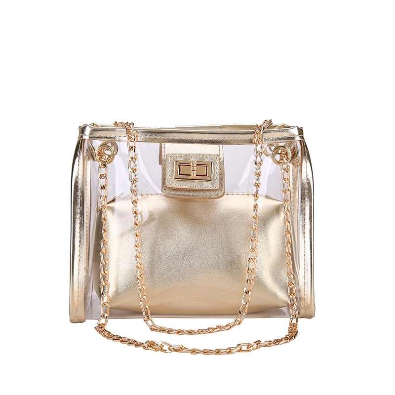 Women girl 2 piece clear pvc leather crossbody bag with chain