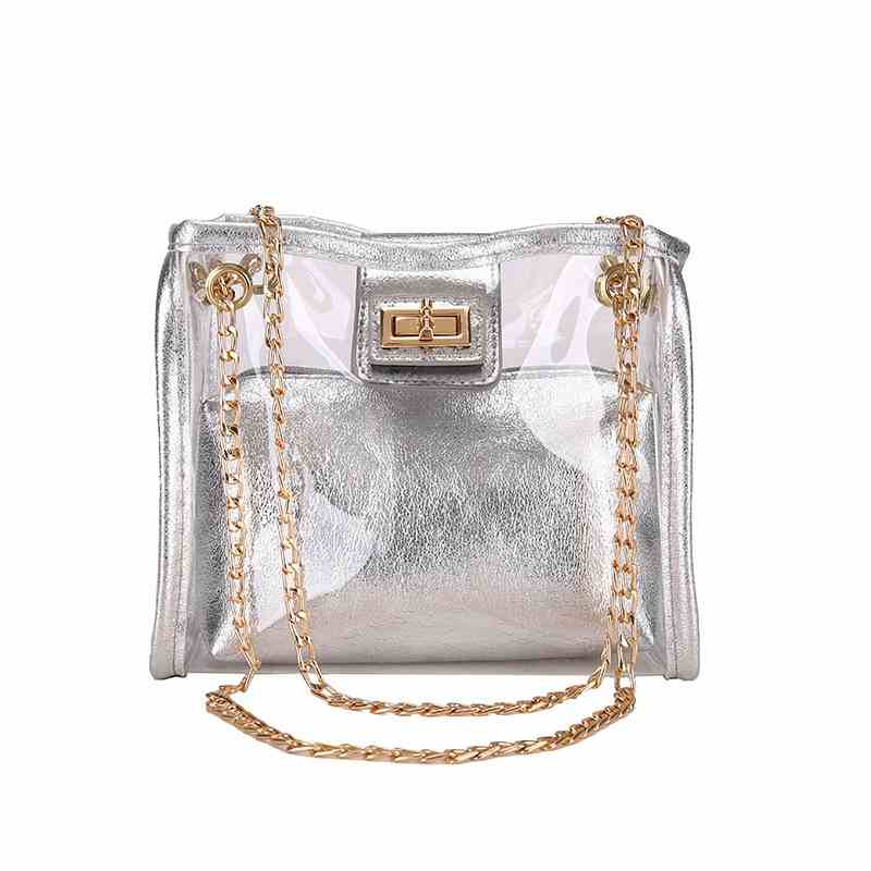 Women girl 2 piece clear pvc leather crossbody bag with chain