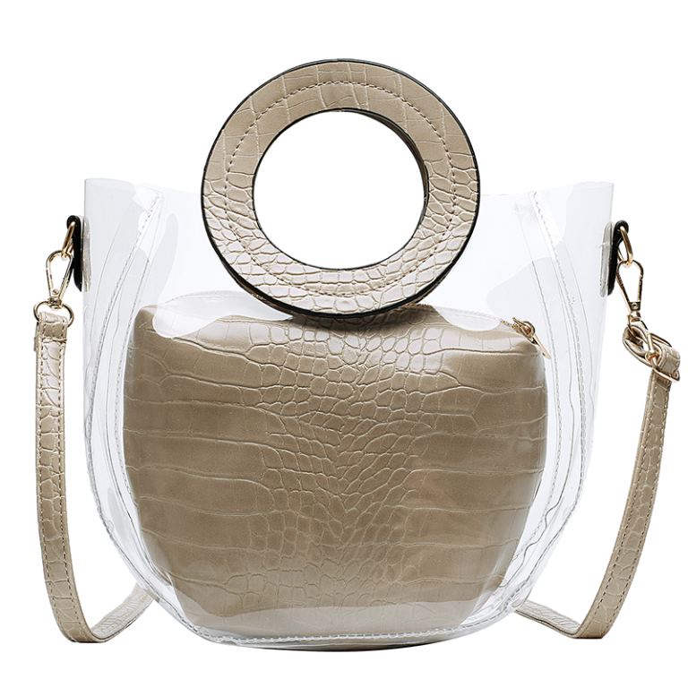 Transparent pvc jelly pink circle handles bucket messenger bag ring handbag 