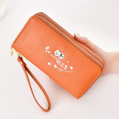 Long style leather wallet phone purse with double zipper