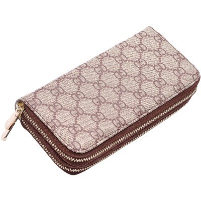 Double zipper long style 2 folded leather wallet purse