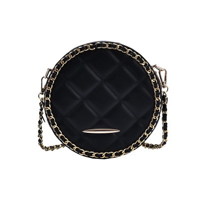 New round women leather crossbody bag with golden chain