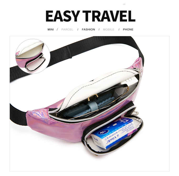 Shinny soft hologram belt bag PU leather mobile phone waist pack with adjustable strap(图10)