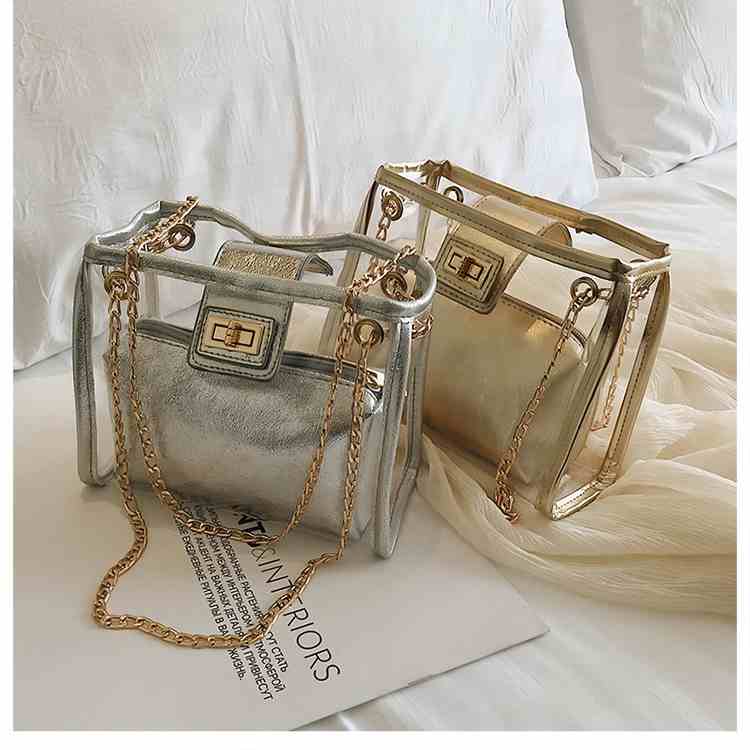 Women girl 2 piece clear pvc leather crossbody bag with chain(图7)