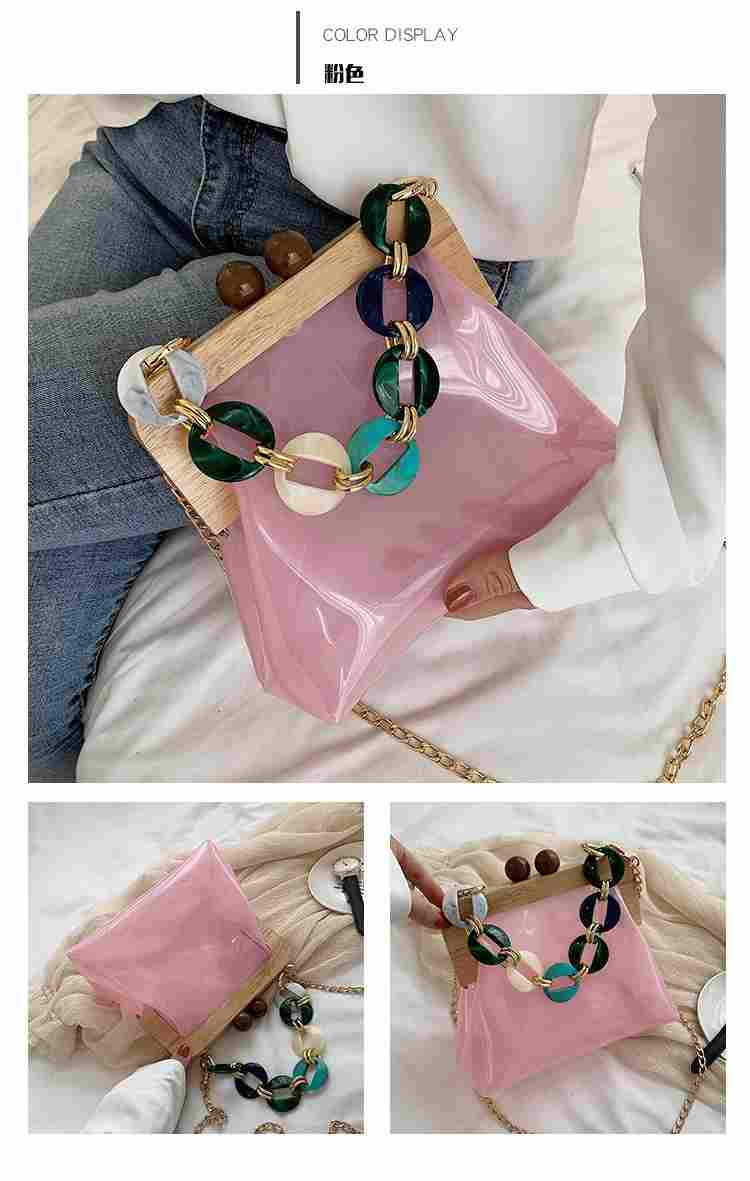Wholesale designer pink pvc jelly handbag clear crossbody bag with gold chain(图3)