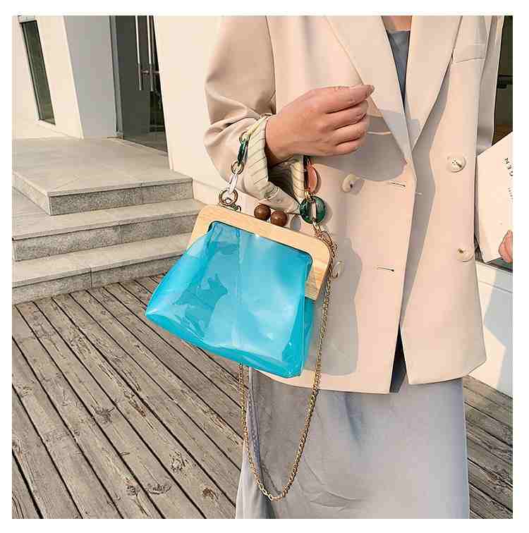 Wholesale designer pink pvc jelly handbag clear crossbody bag with gold chain(图13)