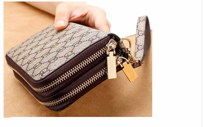 Double zipper long style 2 folded leather wallet purse(图3)
