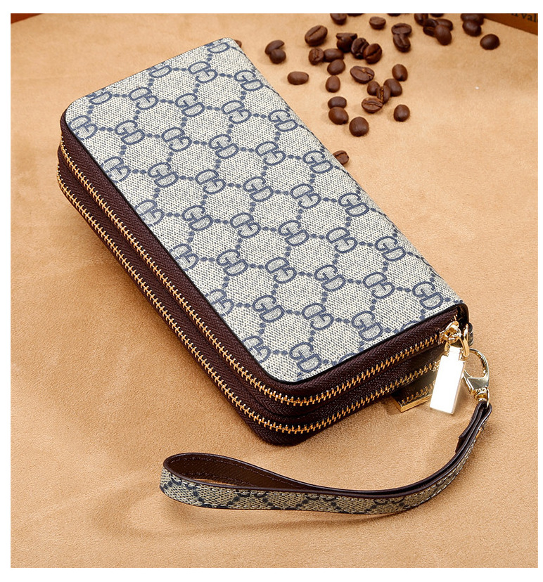 Double zipper long style 2 folded leather wallet purse(图1)