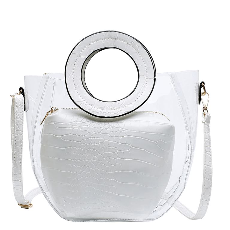 Transparent pvc jelly pink circle handles bucket messenger bag ring handbag 